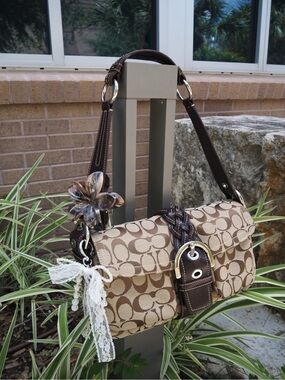 Coach Beige and Brown Signature Canvas Shoulder Bag with Flower Charm